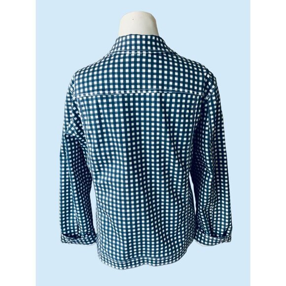 CHICO'S LADIES COLLARED BUTTON UP SHIRT JACKET BLUE WHITE PLAID POCKETS SIZE XL - Picture 6 of 7